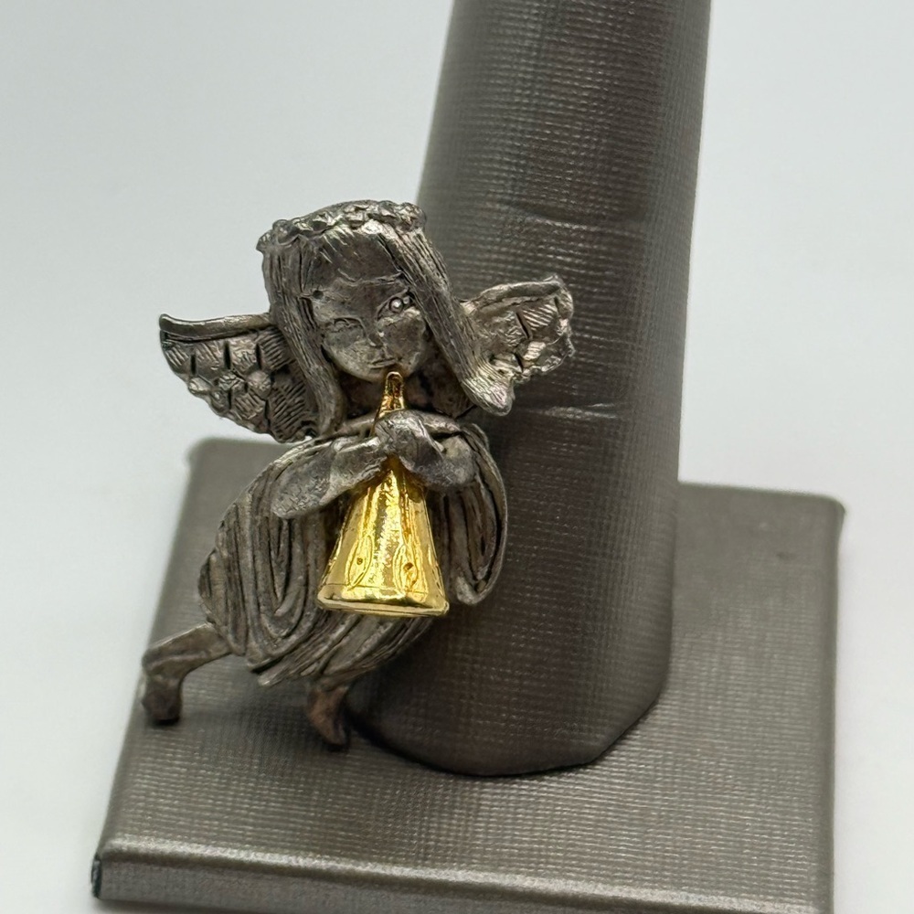 Vintage DM Daria Angel Playing Trumpet Brooch Silver Tone with Gold Accent
